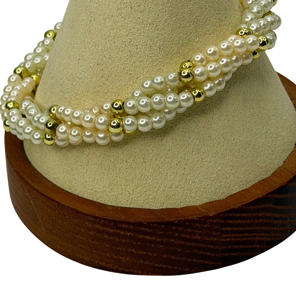 Triple Strand Faux Pearl Bracelet Gold‎ Tone Spacer Beads White Classic Chic - Picture 2 of 6